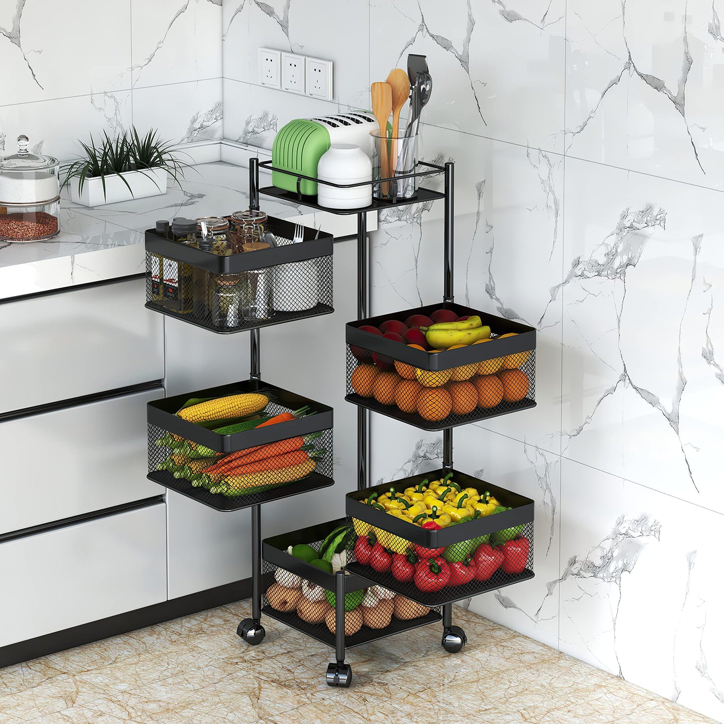 xinyourui Fruit and Vegetable Basket for Kitchen No Assembly， Rotating Storage Rack,Bathroom Storage Shelf, Kitchen Organizers and Storage Cart on Rolling Wheels(Black, 5 Tier-Square)