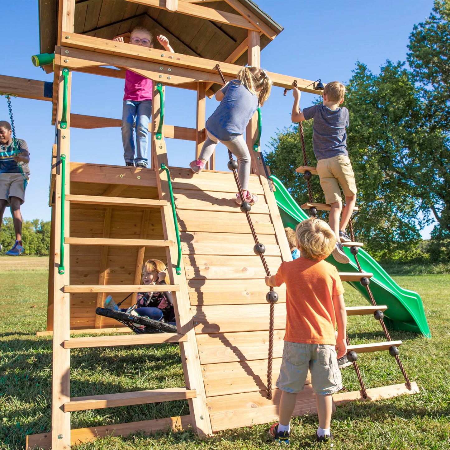 Backyard Discovery Endeavor All Cedar Wood Swing Set Playset for Backyard with Large Clubhouse Wave Slide Rope Ladder Rock Climbing Wall Wave Slide 2 Belt Swings and 1 Web Swing Gift for Ages 3-10