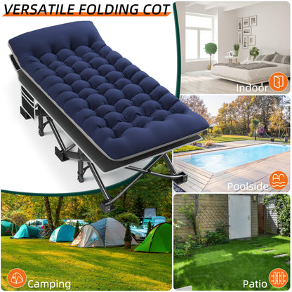 Fragess Portable Camping Cot, 32" Extra Wide Camping Cots for Everyone with Thick Cushion, Heavy Duty Sleeping Cot Holds Up to 600LBS, Cots for Sleeping, Rv, Beach, Patio, Office Naps(Blue)