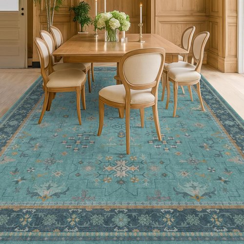 Boho 9x12 Large Teal Green Washable Rug - Vibrant Turquoise Carpet for Living Room, Bedroom & Dining Room