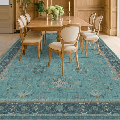 Boho 9x12 Large Teal Green Washable Rug - Vibrant Turquoise Carpet for Living Room, Bedroom & Dining Room