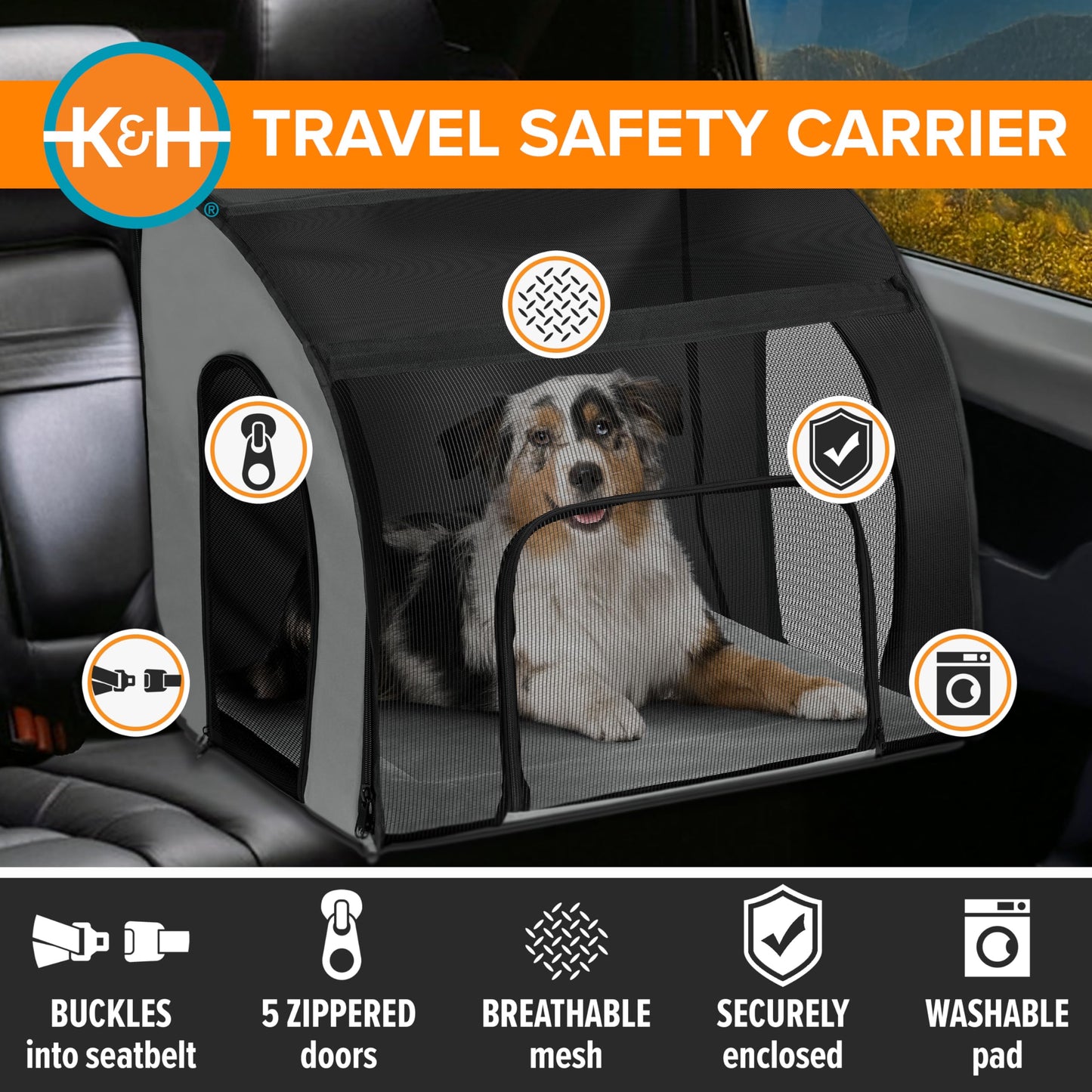 K&H Pet Products Enclosed Large Dog Car Seat, Travel Safety Carrier, Dog Travel Car Seat, Soft-Sided Covered Pet Carrier, Washable Pad, Multiple Entrances, Mesh Windows - Large 29.5 X 22 X 25.5in