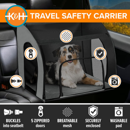 K&H Pet Products Enclosed Large Dog Car Seat, Travel Safety Carrier, Dog Travel Car Seat, Soft-Sided Covered Pet Carrier, Washable Pad, Multiple Entrances, Mesh Windows - Large 29.5 X 22 X 25.5in