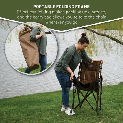 Timber Ridge Bungee Folding Camping Chairs for Adults, Heavy Duty Collapsible Padded Chair with Armrests Cup Holder, Foldable Outdoor Lounge Chairs for Fishing, Lawn, Supports 300 lbs, Earth Brown