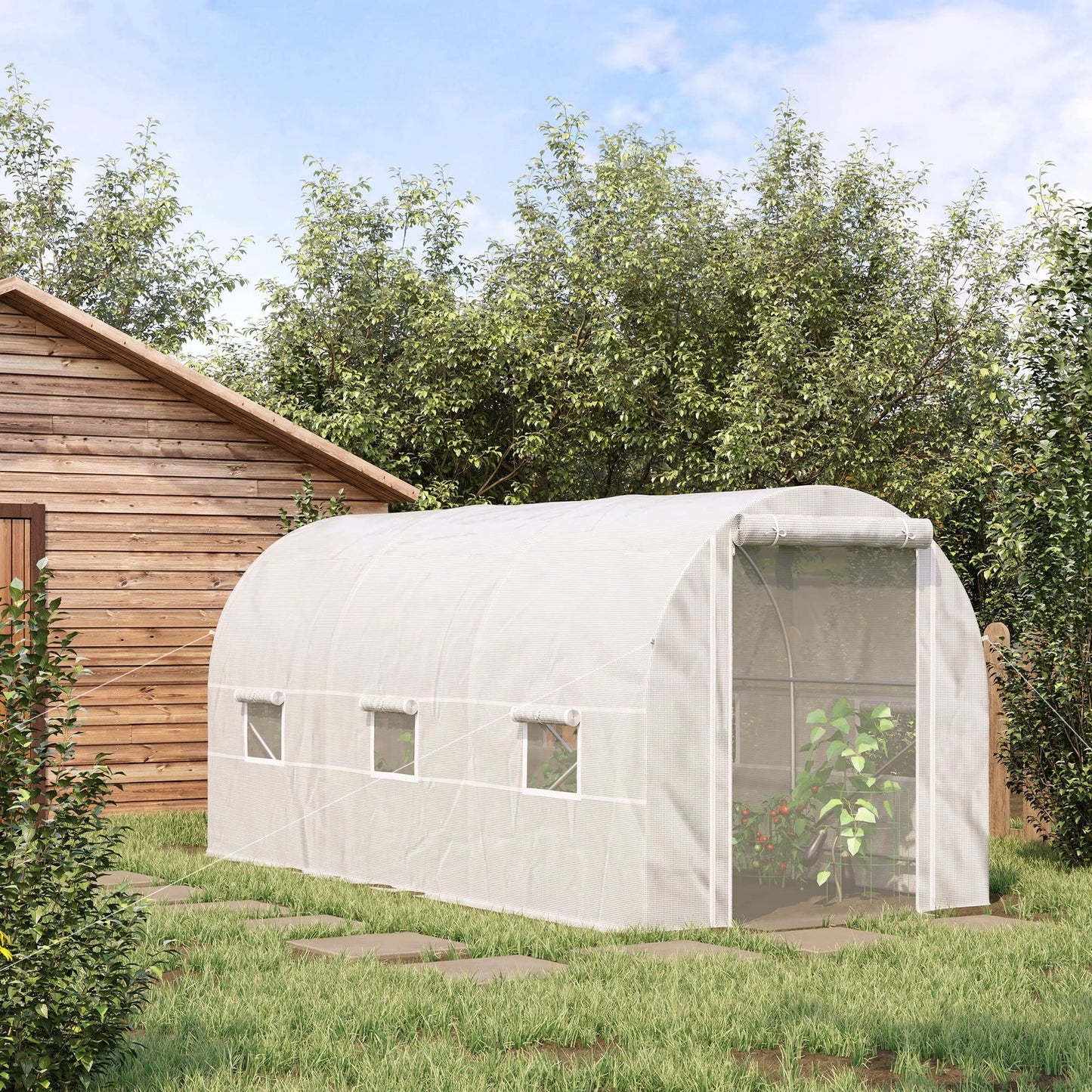 Outsunny 14.6' x 6.6' x 6.6' Walk-in Tunnel Greenhouse, Large Garden Hot House Kit with 6 Roll-up Windows & Roll Up Door, Steel Frame, White