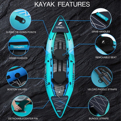 11' Inflatable Kayak with Drop Stitch Floor 1 Person 2 Person Adult Blow up Kayaks Foldable Boat Canoe, Aurora Blue