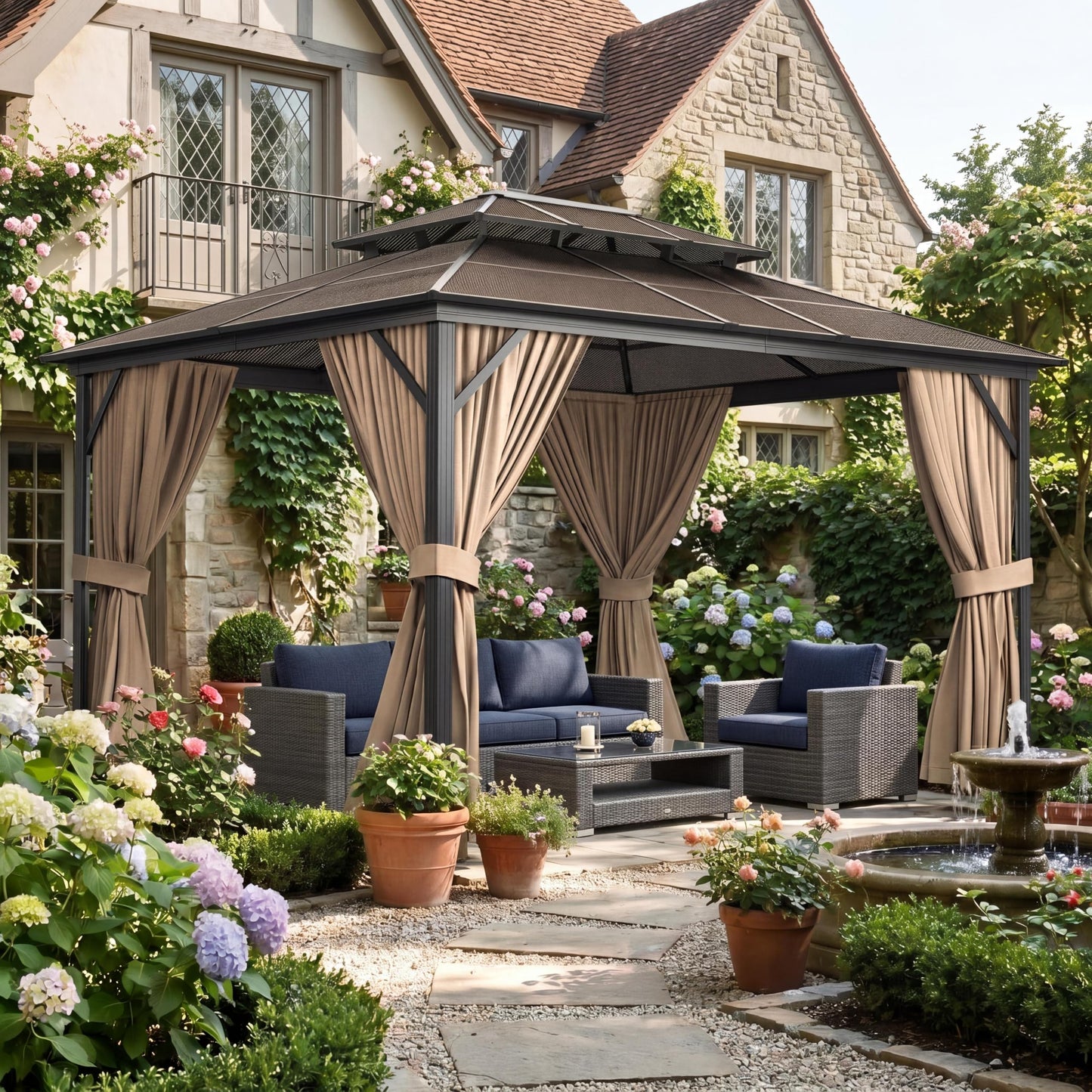 10'X13' Hardtop Gazebo, Outdoor Polycarbonate Double Roof with Curtains and Netting, Aluminum Frame Sunshade for Patio, Garden and Lawn