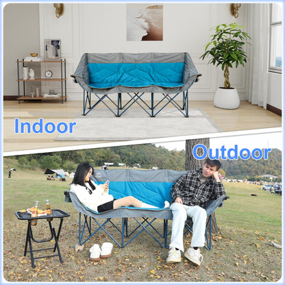 LANMOUNTAIN 3 Person Camping Chairs,Supports 900Lbs,Oversized Loveseat Camp Chair w/Cup Holder,Wine Glasses Holder,Heavy Duty Extra Large Outdoor Folding Sofa Perfect for Family Picnic,Parties,Garden