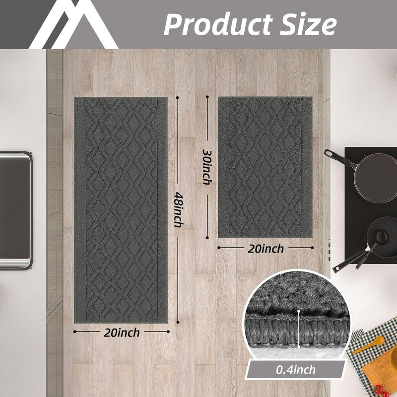 COSY HOMEER 48x20 Inch/30X20 Inch Kitchen Rug Mats Made of 100% Polypropylene 2 Pieces Soft Kitchen Mat Specialized in Anti Slippery and Machine Washable (Grey)