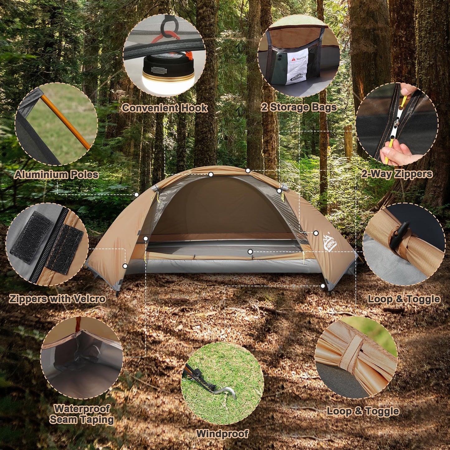 camppal 1 Person Tent for Camping Hiking Mountain Hunting Backpacking Tents 4 Season Resistance to Windproof Rainproof and Waterproof