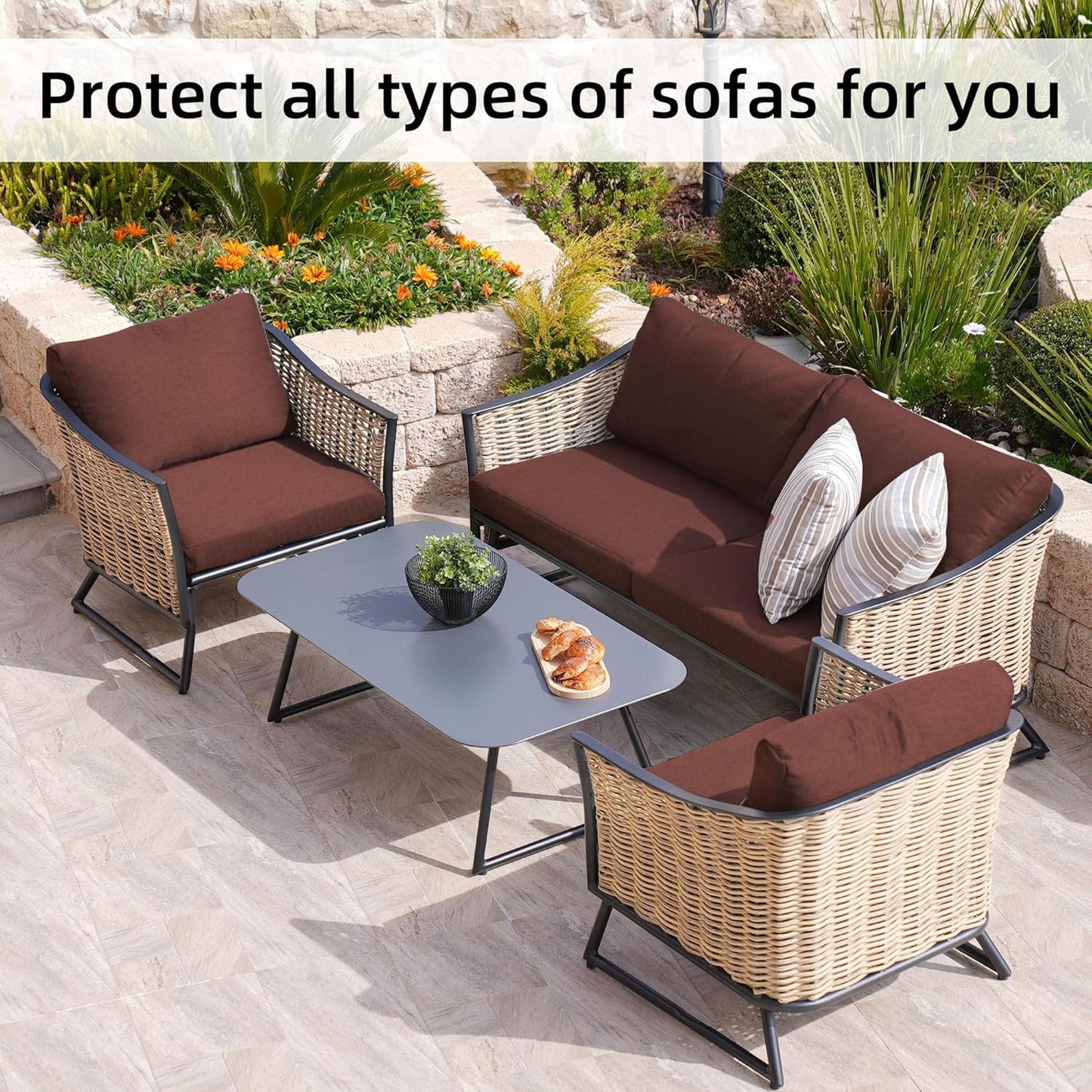 Skiennix 8Pcs Stretch Patio Cushion Covers - Washable Outdoor Couch Slipcovers | Light Coffee
