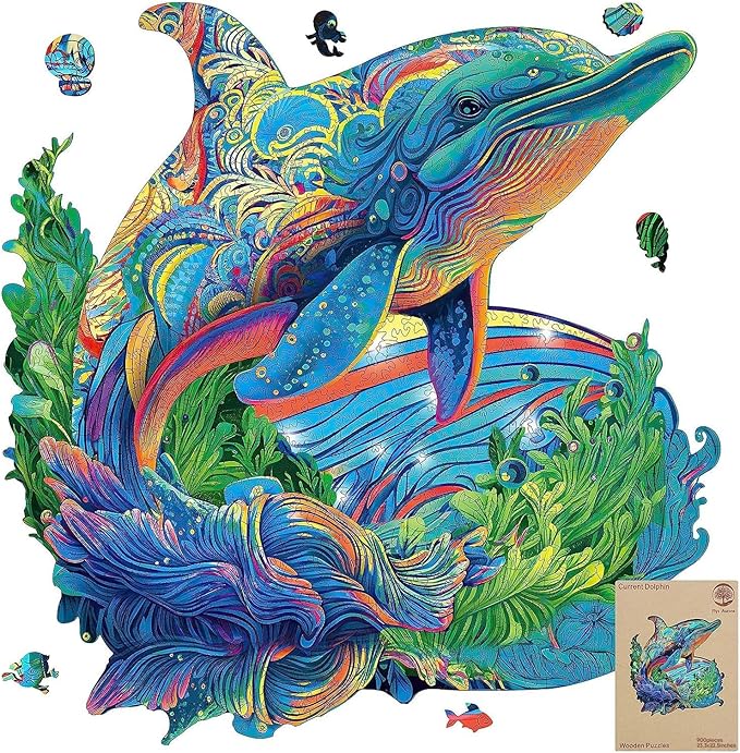 MYS Aurora Wooden Puzzles Dolphin Jigsaw Puzzles 900 Pieces Unique Shaped Wooden Puzzles for Adults and Kids Family Game 23.3x22.5 Inch