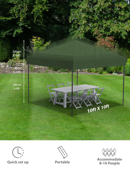 10x10 Pop Up Canopy with 3 Sidewalls - Outdoor Canopy Tent with Portable Roller Bag - One Button Push Setup, 3 Adjustable Height, 4 Weight Bags, 8 Stakes & 4 Guy Ropes Included, Green
