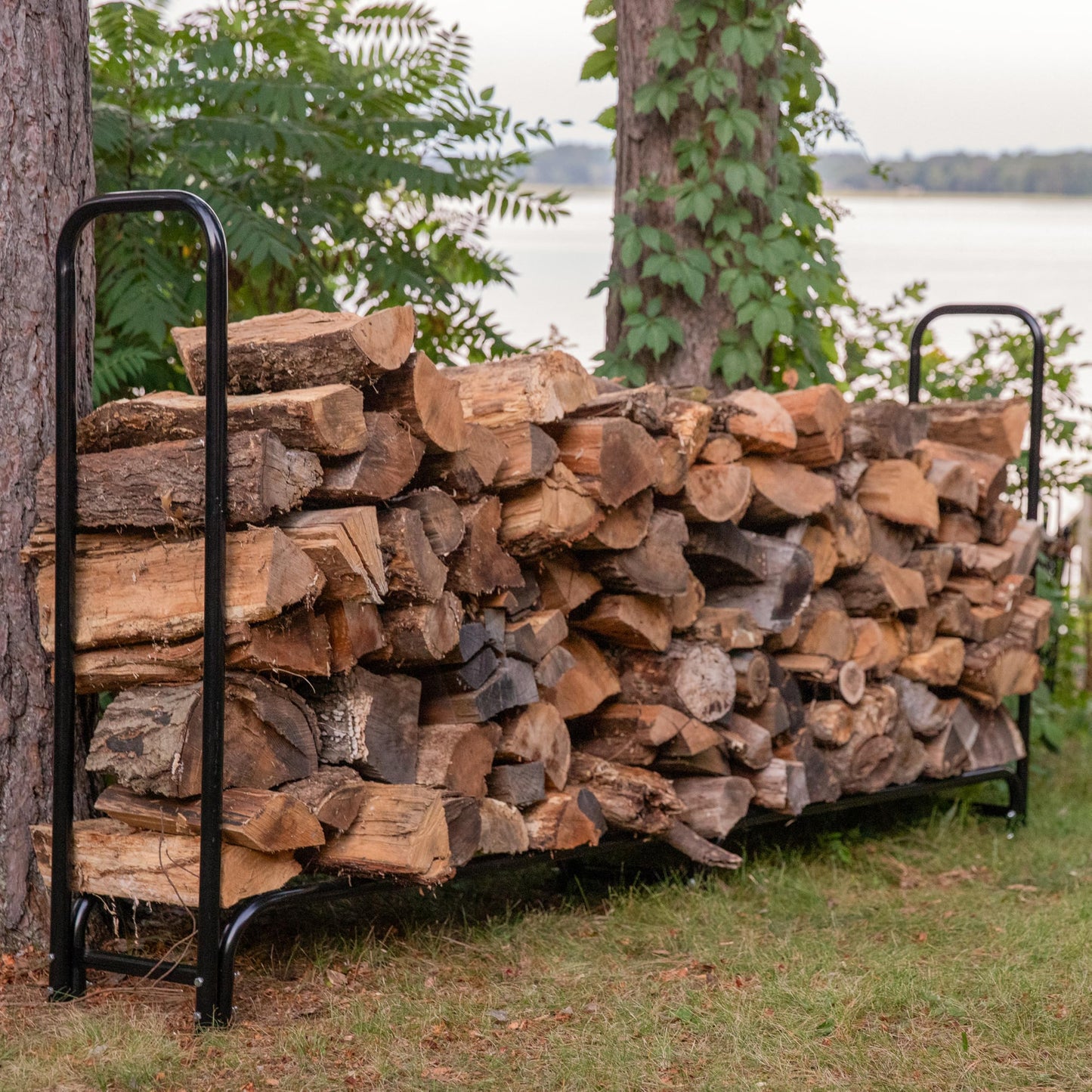 Sunnydaze 8-Foot Firewood Rack with Cover - Outdoor Wood Storage - Heavy-Duty Steel Log Holder - 1500-lb Capacity
