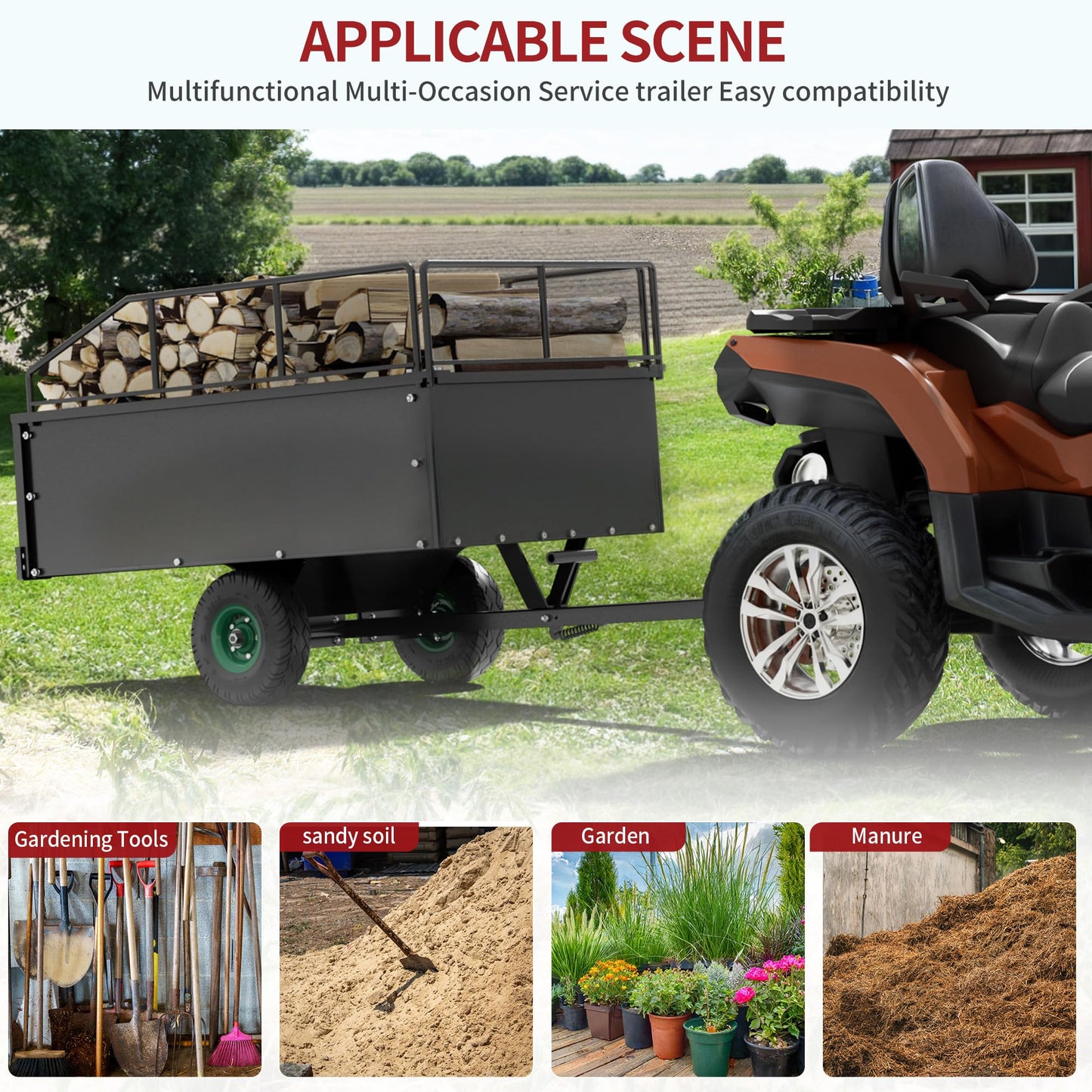 YITAMOTOR ATV Dump Trailer, Heavy Duty Tow Behind Dump Cart, Capacity 750lbs, 15 Cu.Ft., Yard Garden Utility Trailer for Pull Behind Lawn Mower Tractor, Alloy Steel Shelf & Extra 5" Height Guardrail