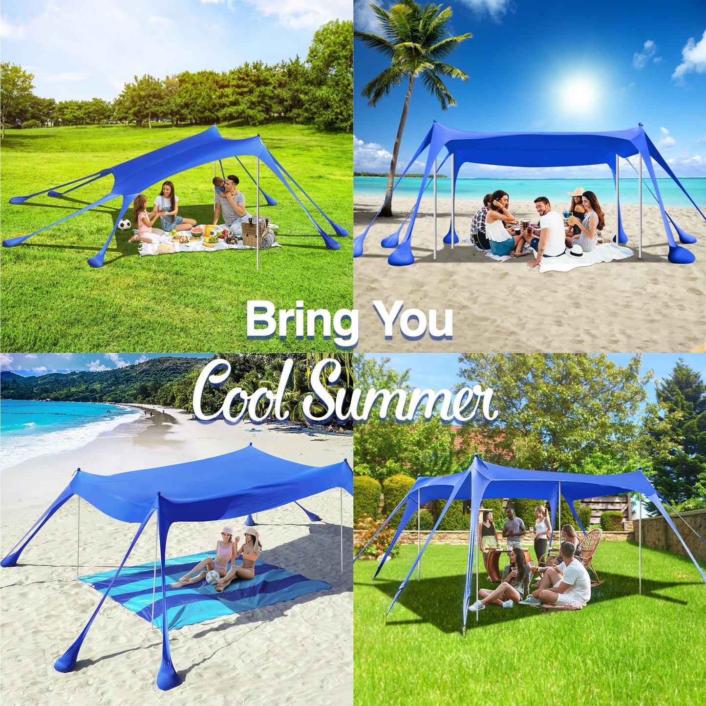 Rhino Valley Beach Tent, 10 x 13 FT Beach Shade UPF50+ Protection, Beach Canopy with 8 Sandbags 4 Stability Poles,Outdoor Beach Tent Sun Shelter Umbrella for Sand,Camping,Fishing Essentials, Indigo