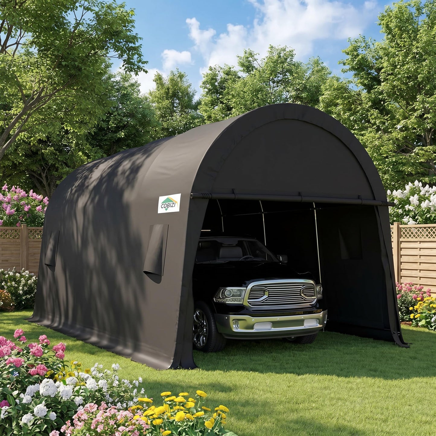 COBIZI Carport 10x15 Heavy Duty Portable Garage Storage Shelter Shed with All-Steel Metal Frame & Vents, Anti-Snow Waterproof Round Style Outdoor Storage Shed for Car, Truck, Boat, Patio Furniture