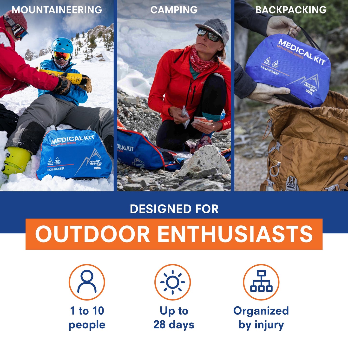 Adventure Medical Kits Mountain Series Medical Kit - Mountaineer - Emergency Medical First Aid Kit - For 28 People for 10 Days - Comes with QuikClot Gauze, Tourniquet, Guide Book & More - 218 Pieces