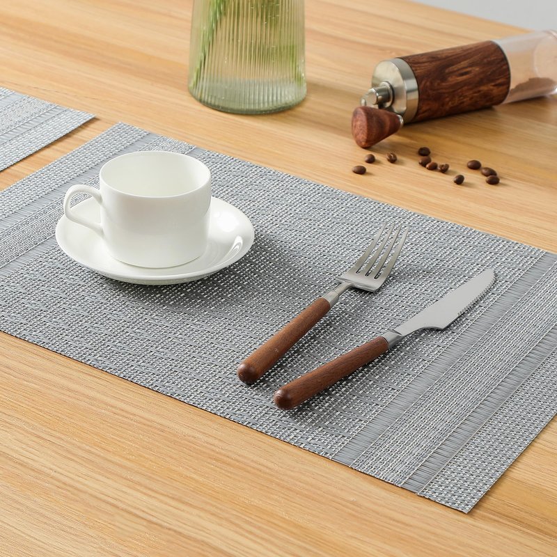 Leetaltree Lunar Grey Placemats Set of 12 - Heat Resistant Non-Slip Place mats for Dining Table, Washable Durable PVC Vinyl Woven Table Mats（Lunar Grey, 12）