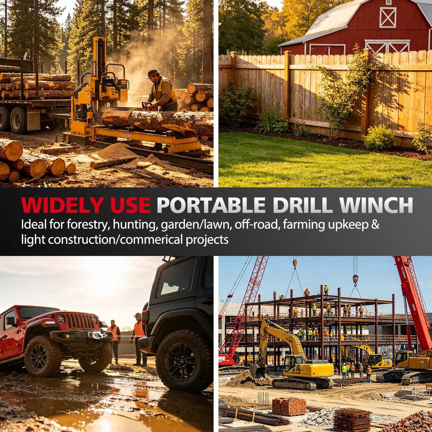 SENKEYFE Drill Powered Portable Winch 1000LBS, 40FT Portable Drill Winch w/D-Ring Strap & Tow Strap, New Anti-Twist Steel Wire Rope, Portable Handheld Drill Winch for Dragging Handling Trailer