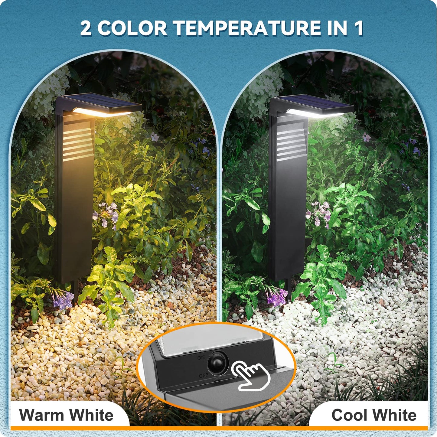 JOFIOS Solar Pathway Lights 6Pack with Warm White and Cool White Mode, Modern Solar Path Lights Outdoor Waterproof, Perfect Solar Lights for Backyard, Lawn, Driveway, Walkway, Garden Decorative.