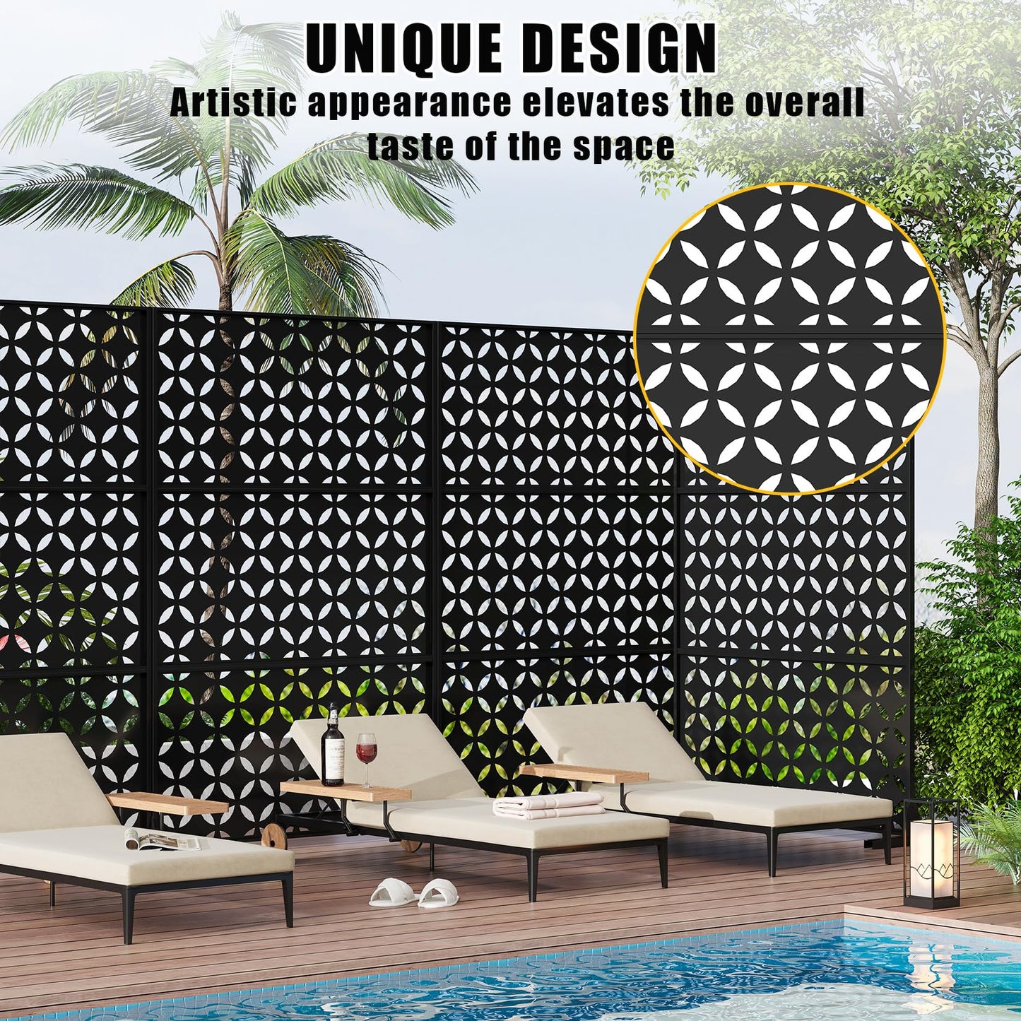 72" h × 47" w Outdoor Privacy Screen, Laser Cut Metal Garden Divider Panel with Tropical Leaf Design, Freestanding Weatherproof Privacy Fence for Patio Deck Backyard Balcony