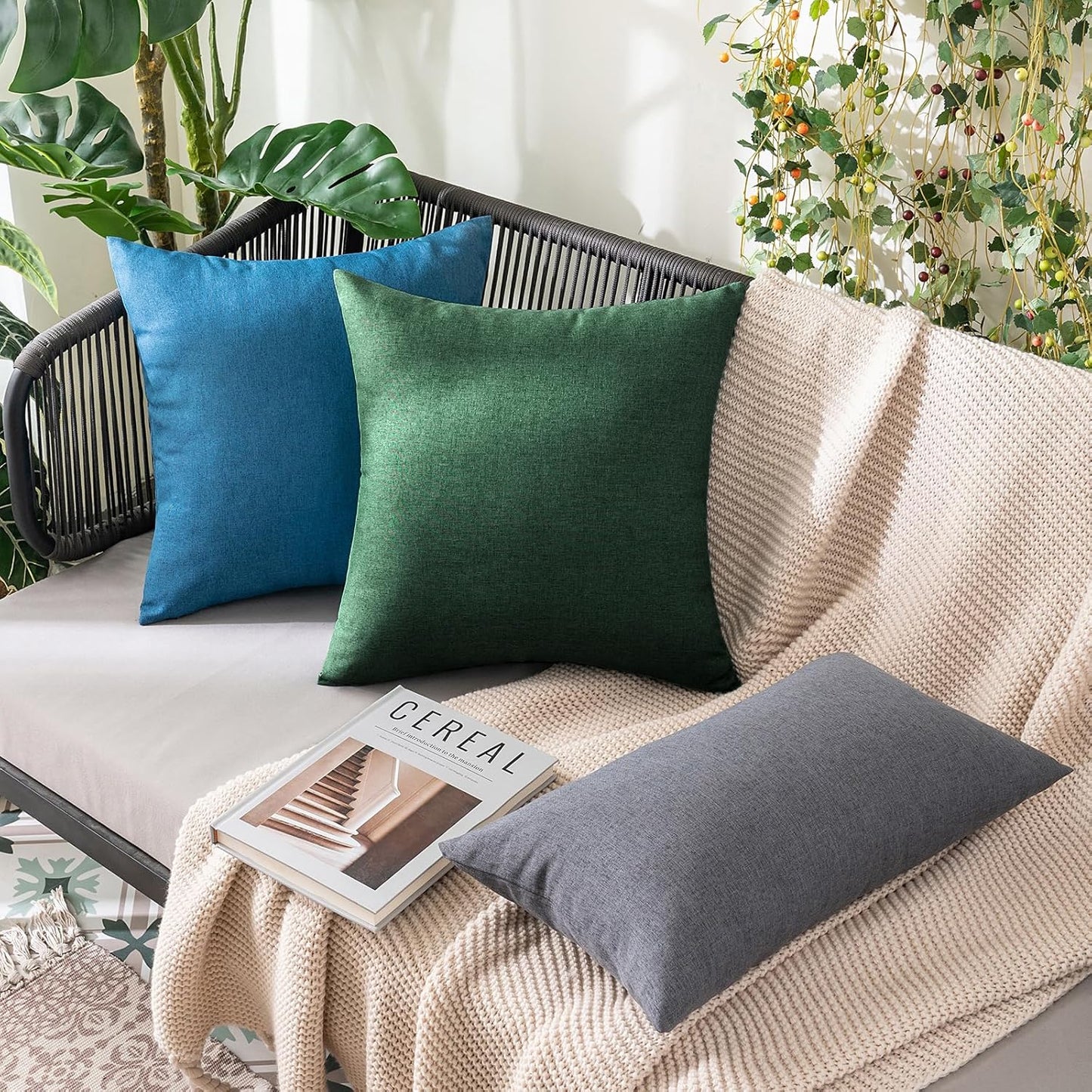 MIULEE Decorative Outdoor Throw Pillow Covers - Waterproof Faux Linen Cushion Cases | 18x18 Inch Emerald Green (Pack of 2)