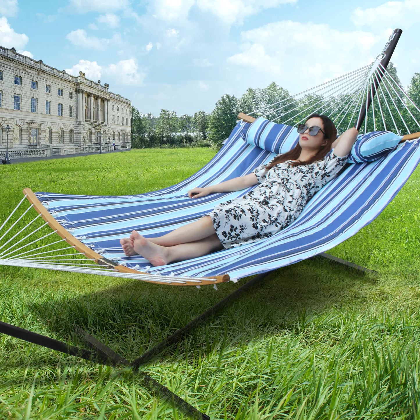 GardenLux Hammock with 12.8 Feet Stand & Curved Bamboo Spreader Bar Double Hammocks 2 Person Heavy Duty Max 450lbs Capacity, Catalina Beach