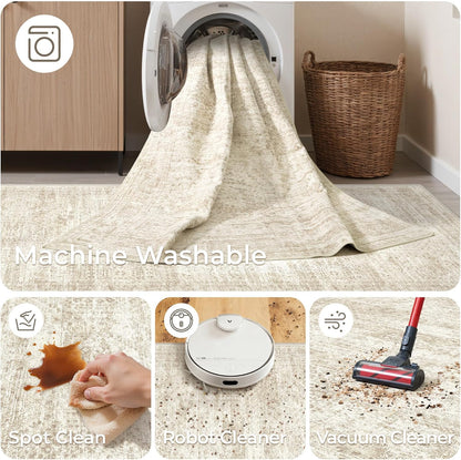 Skiennix 2x3 Washable Rug Runner - Soft Vintage Abstract Design | Anti-Slip Indoor Mat in Beige/Ivory