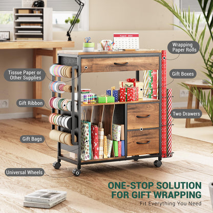 PUNLUXU Wrapping Paper Storage Cart, Rolling Gift Wrap Station with Ribbon and Gift Bag Storage, Wrapping Paper Organizer Holder, Craft Organizers and Storage for Christmas, Craft Storage Cart 004