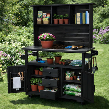 GDFStudio Preden Outdoor Storage Bench Table with Cabinet, Patio Wooden Potting Bench, Garden Storage Work Bench with Stainless Steel Top, Drawers, Cabinets, Shelves and Hooks, Kitchen Island, Black