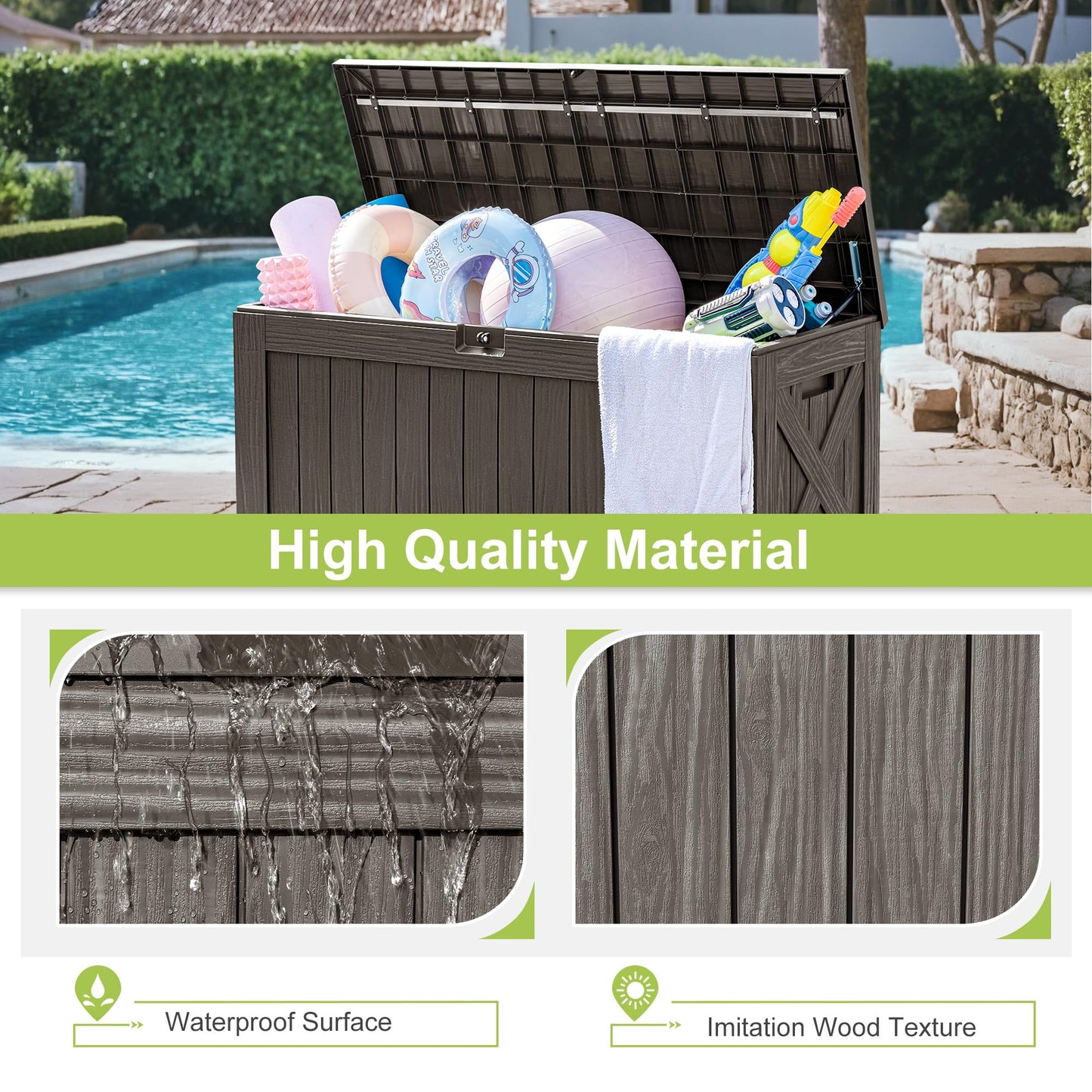 Greesum 120 Gallon Deck Box, Resin Outdoor Storage Container for Patio Furniture, Garden Tools, Pool Accessories, Weatherproof, Lockable, Brown