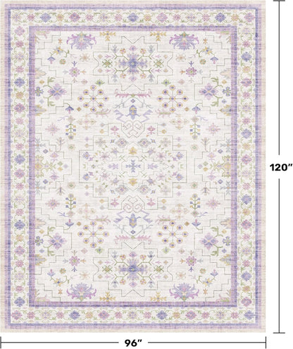 Skiennix 8x10 Large Lavender Area Rug - Floral Design, Non-Slip, Stain Resistant, Washable Carpet