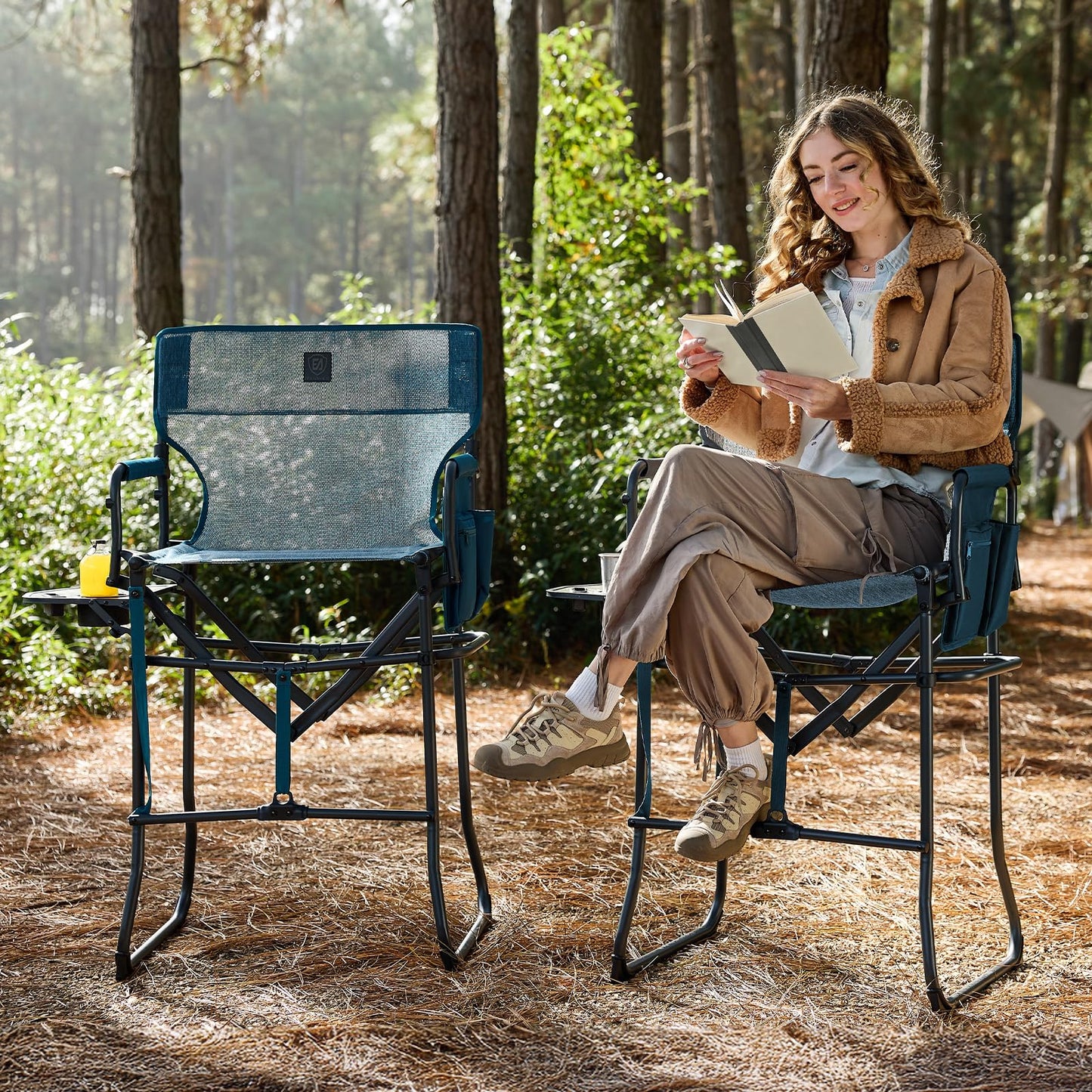 EVER ADVANCED Portable 30.7" Seat Height Tall Folding Camping Chair Directors Chair High Foldable Bar Stool with Side Table for Makeup Artist, Sports Event, Craft Show, Stretch Mesh, Supports 350LBS