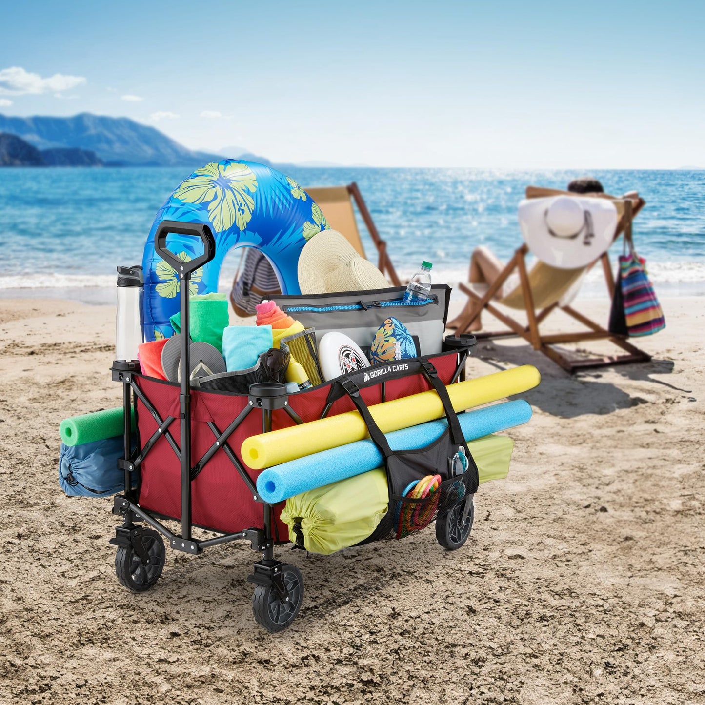 Gorilla Carts Collapsible Folding Outdoor Utility Wagon, 7 Cu Ft Oversized Bed, 150 lb Load Rating, Red – Foldable Rolling Cart w/ Pockets & Cup Holders for Beach, Camping, Sports or Picnic