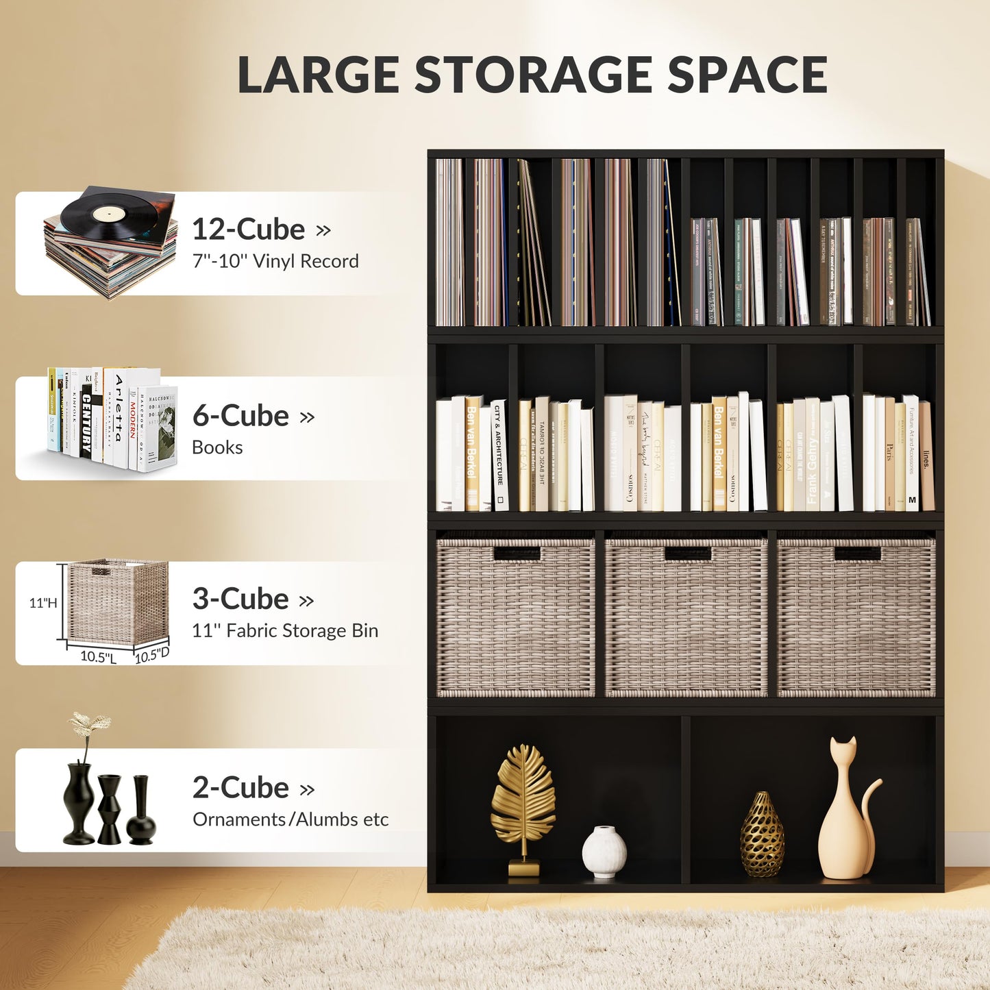 IOTXY DIY Modular Cube Bookcase - CubeXY Customizable Stackable Expandable Combination Set, 23-Cube Open Bookshelf for Books, Fabric Storage Bin, and 7/10-inch Vinyl Record Organizer, Black