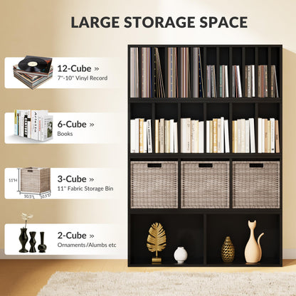IOTXY DIY Modular Cube Bookcase - CubeXY Customizable Stackable Expandable Combination Set, 23-Cube Open Bookshelf for Books, Fabric Storage Bin, and 7/10-inch Vinyl Record Organizer, Black