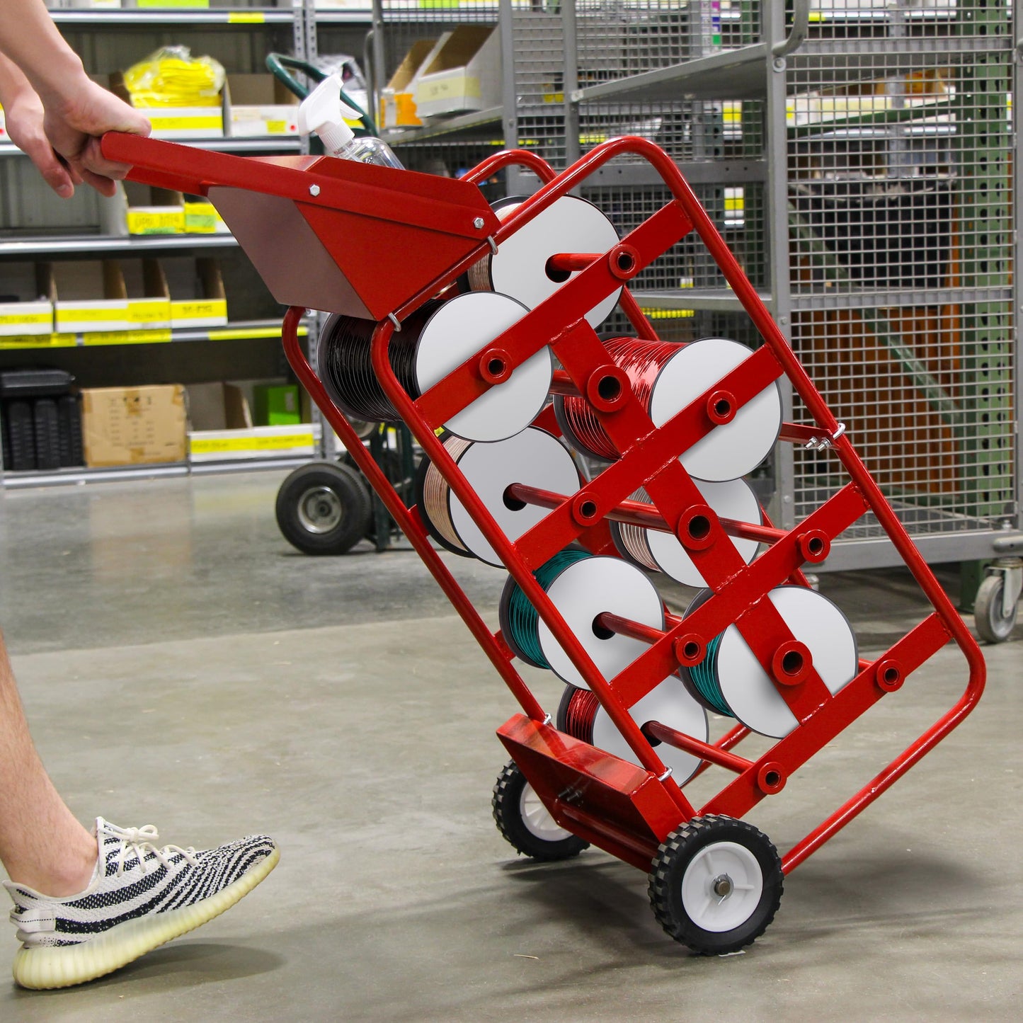 BISupply Electrical Wire Spool Rack - 11 Axle Portable Bulk Cable Reel - 150lb Capacity Wire Caddy Dolly Cart with Storage Tray
