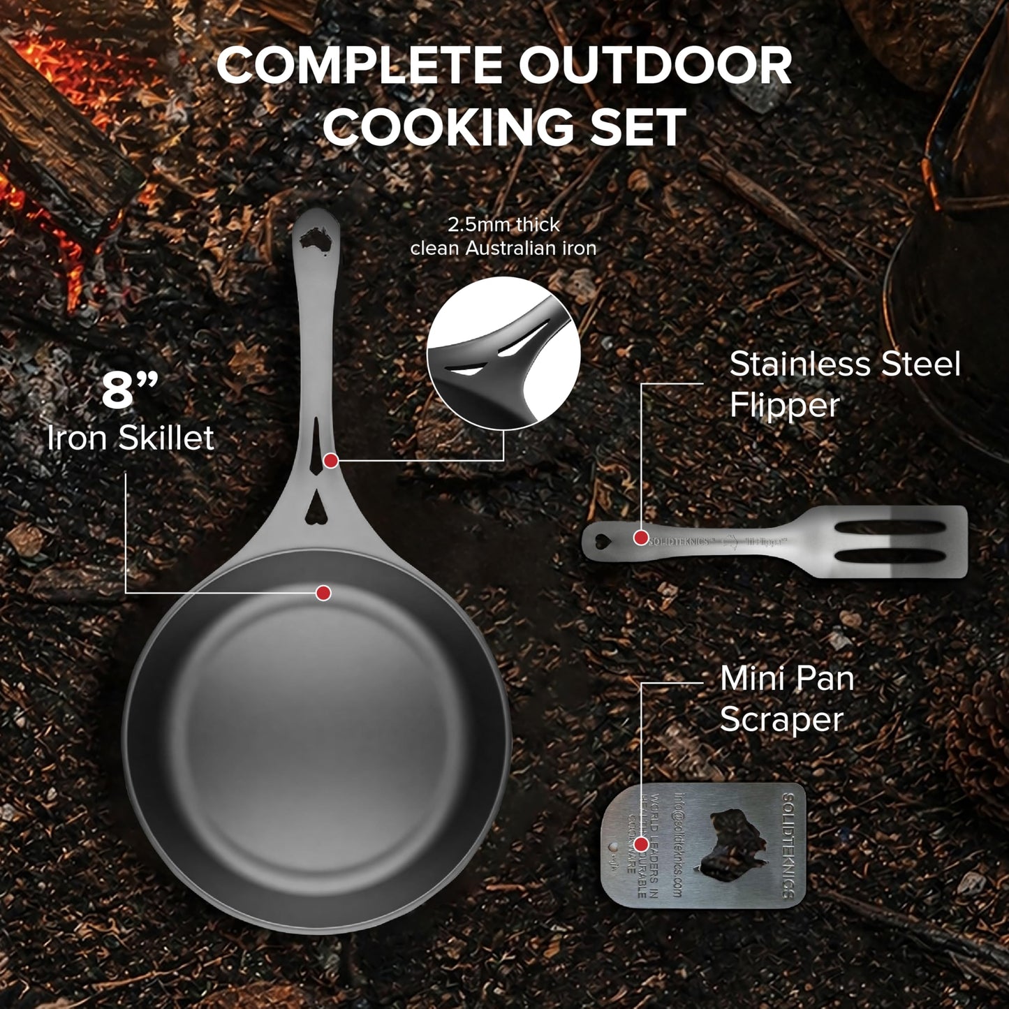 SOLIDTEKNICS 8" Outdoor Skillet Set – Naturally Seasoned Australian Iron Skillet with Lil Flippa Stainless Flipper & Mini Pan Scraper Lightweight Camping Cookware for Grill & Campfire Cooking