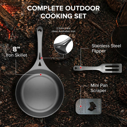 SOLIDTEKNICS 8" Outdoor Skillet Set – Naturally Seasoned Australian Iron Skillet with Lil Flippa Stainless Flipper & Mini Pan Scraper Lightweight Camping Cookware for Grill & Campfire Cooking