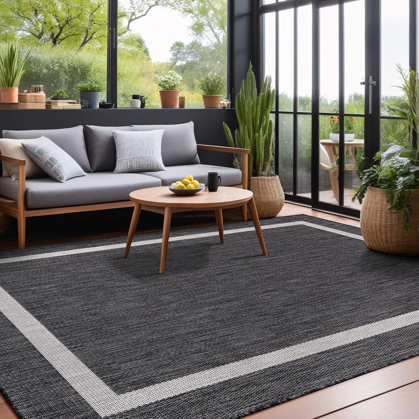 Luul Home Bordered Outdoor Rug 9x12 Washable Outside Carpet for Indoor Patio Porch Waterproof Easy Cleaning Non Shedding Area Rugs Gray 9 x 12