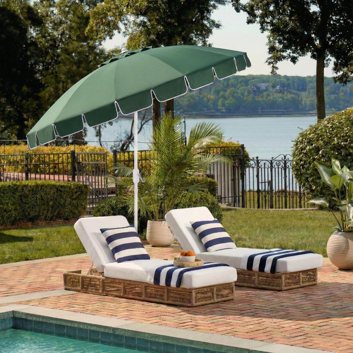 SAFAVIEH Outdoor Patio Furniture Collection – Panza 9 Ft Crank Patio Umbrella, Green & White Pole, Market Umbrella with Crank Lift (PAT8026H)