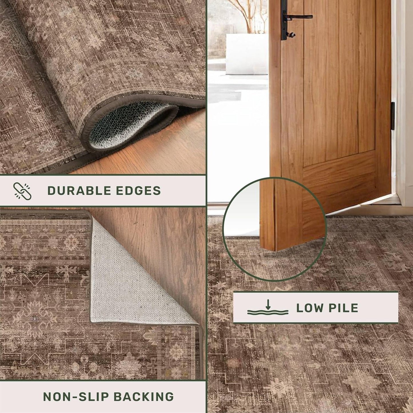 Skiennix Washable 10ft Hallway Runner Rug - Non-Slip Rubber Backing | Boho Vintage Brown 2'6"x10'