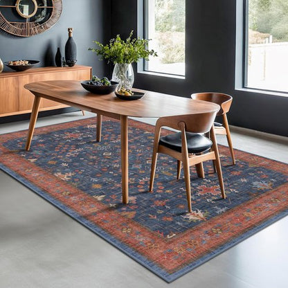 Hazo Haus Washable Navy Blue Area Rug - 7x10 Low Pile Non-Slip Stain Resistant Design for Living Room & Bedroom | Boho Home Decor