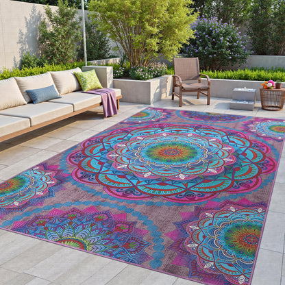 Arenarug Meditation Indoor Outdoor Rug 8x10 ft Mandala Pattern Rug Boho Style,Yoga Meditation Mat Picnic Rug for Patio Living Room Porch Garden Deck Backyard Easy to Clean Non Shedding Non-Slip