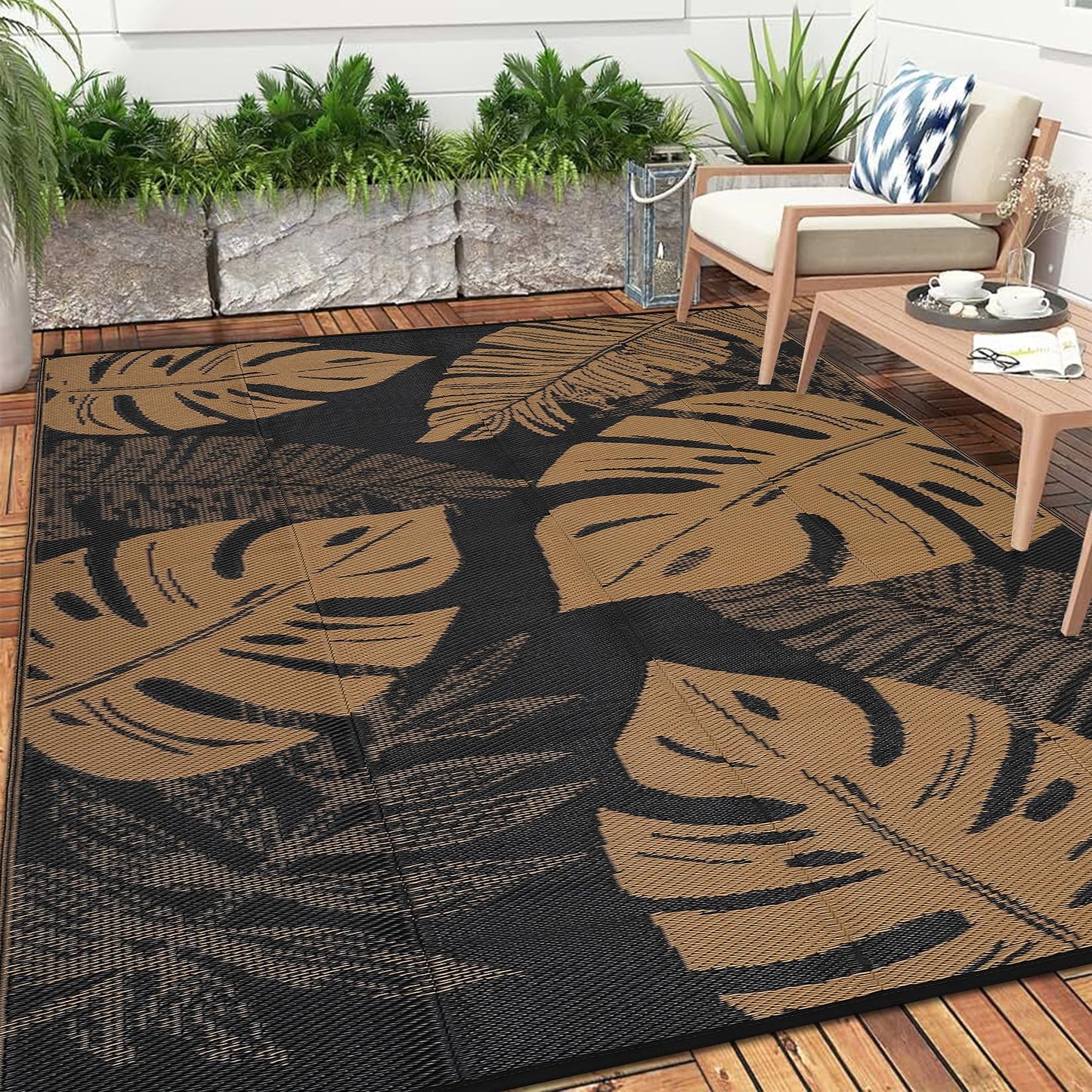 GarveeHome Outdoor Patio Rug 9x18 Waterproof Reversible Mat Leaves Camping Rugs Indoor Outdoor Rugs Carpet Large Area Rug Plastic Straw Rug for Patio Deck Balcony Pool RV Camping, Black and Brown