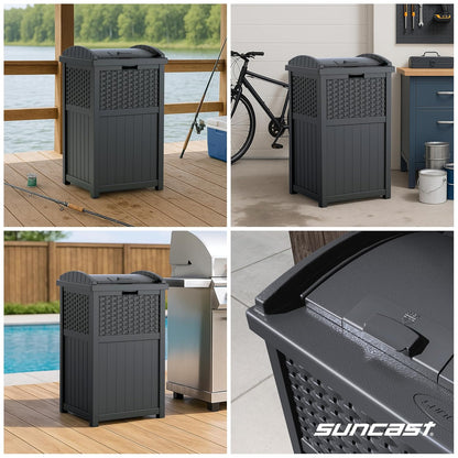 Suncast 33 Gallon Wicker-Style Trash Can - Weather-Resistant with Secure Latching Lid | Cyberspace Grey