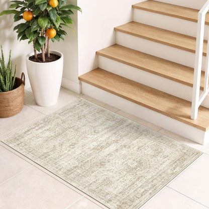 Skiennix 2x3 Washable Rug Runner - Soft Vintage Abstract Design | Anti-Slip Indoor Mat in Beige/Ivory