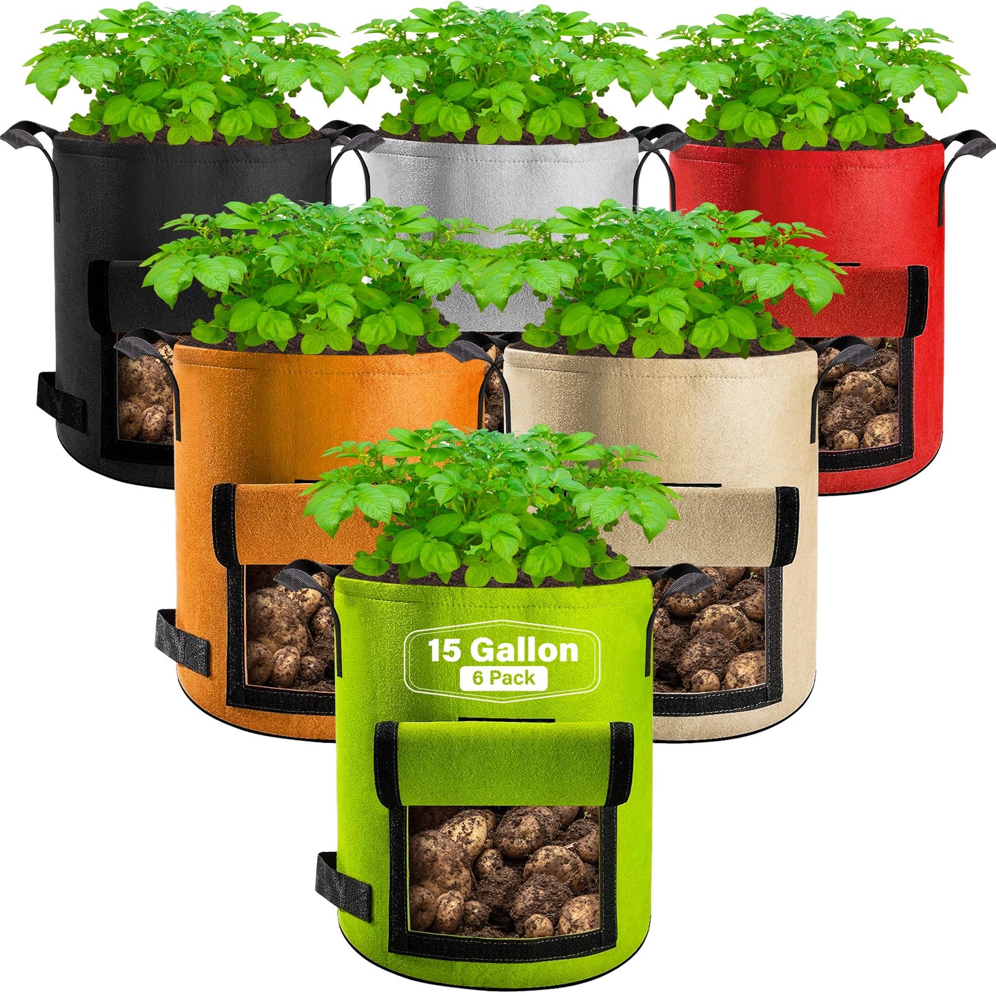Suntee 6 Pack 15 Gallon Potato Grow Bags with Flap, Thickened Nonwoven Fabric Grow Bags for Growing Potatoes, Colorful Plant Grow Bags Pots Gardening Vegetable Potato Growing Bags with Durable Handles