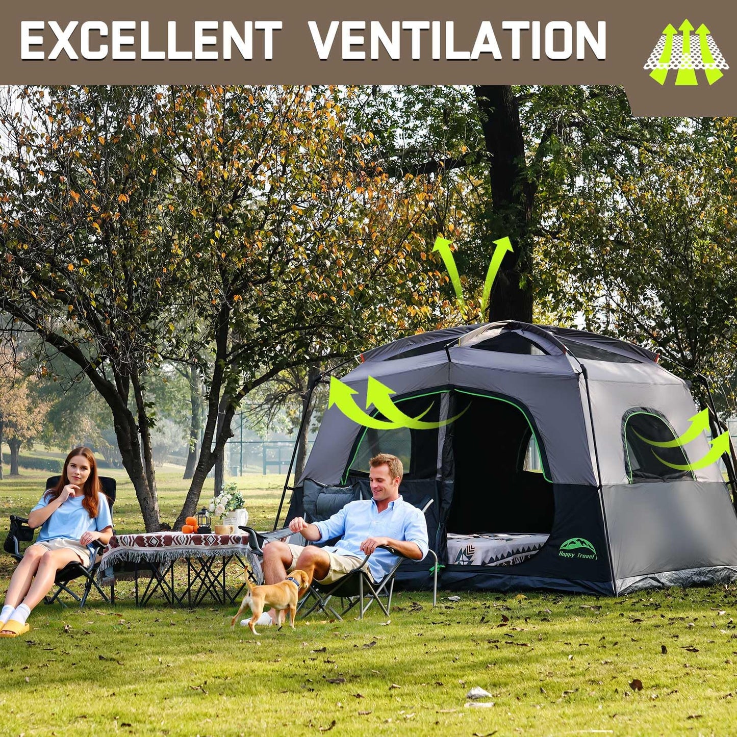 Happy Travel Tent 6 Person Blackout Camping Tent, Portable Easy Setup Cabin Tents with Dark Space Design, Light Blocking Tent with Top Rainfly for Outdoor Camping, Water-Resistant,10'L x 9'W x 79" H